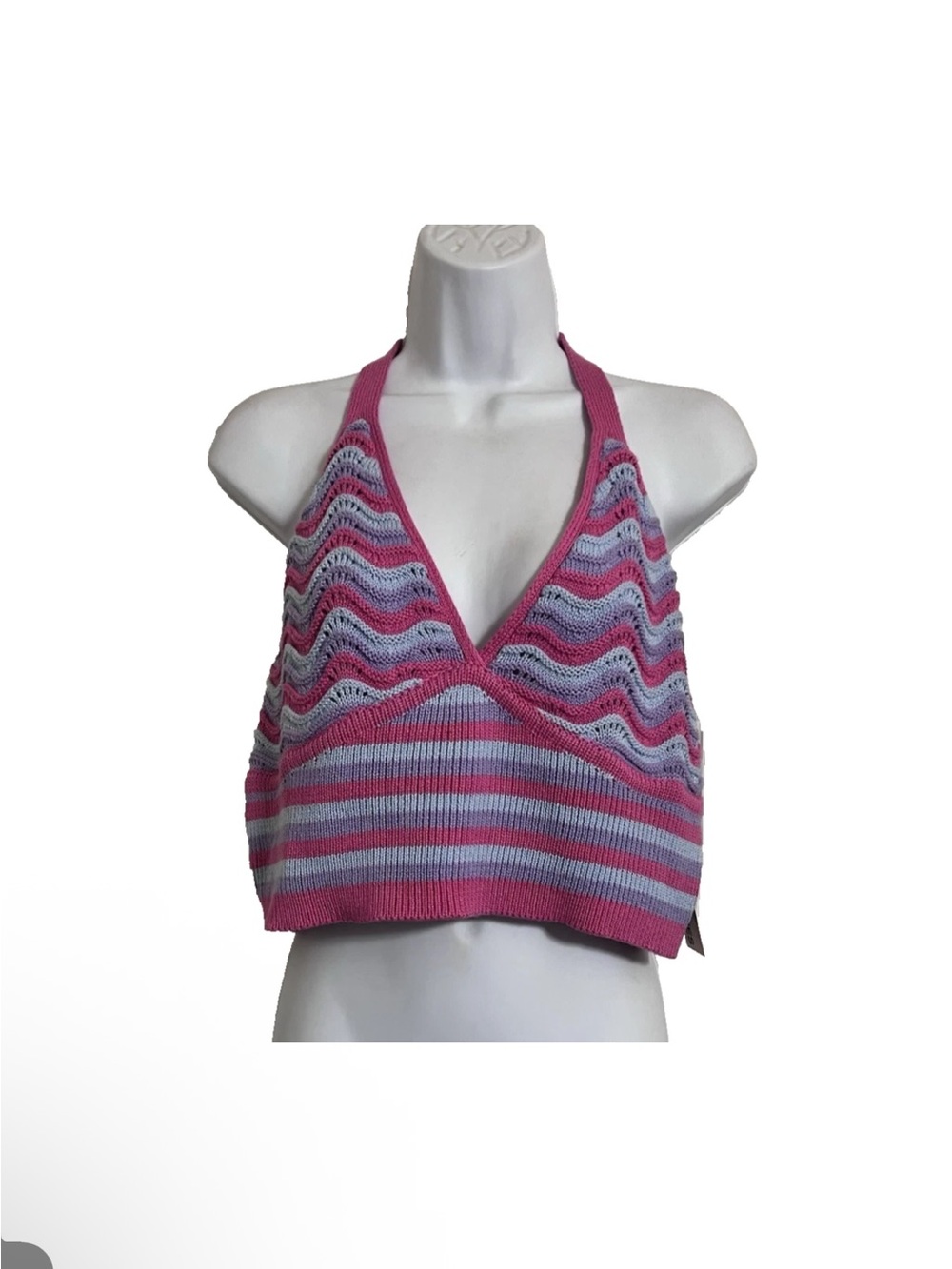 No Boundaries Rasberry Sorbet Striped Crochet V Neck Halter Crop Top